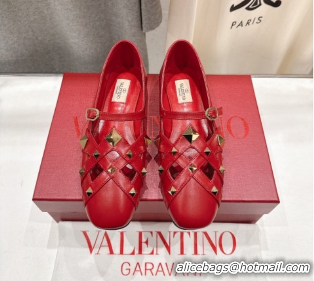 Top Grade Valentino Studdy Ballerinas Flat Mary Janes in Calfskin Leather Red 0224029