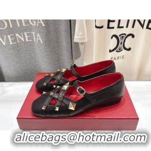 Pretty Style Valentino Studdy Ballerinas Flat Mary Janes in Calfskin Leather Black 0224030