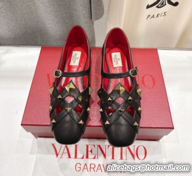 Pretty Style Valentino Studdy Ballerinas Flat Mary Janes in Calfskin Leather Black 0224030