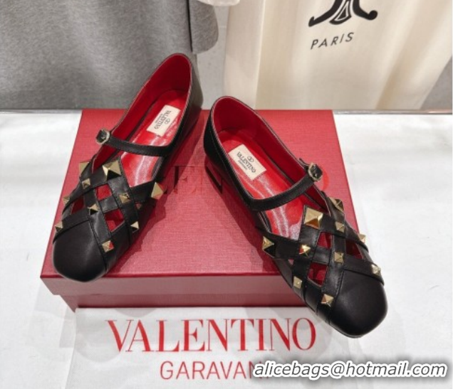 Pretty Style Valentino Studdy Ballerinas Flat Mary Janes in Calfskin Leather Black 0224030