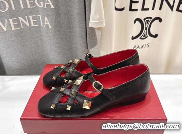 Pretty Style Valentino Studdy Ballerinas Flat Mary Janes in Calfskin Leather Black 0224030