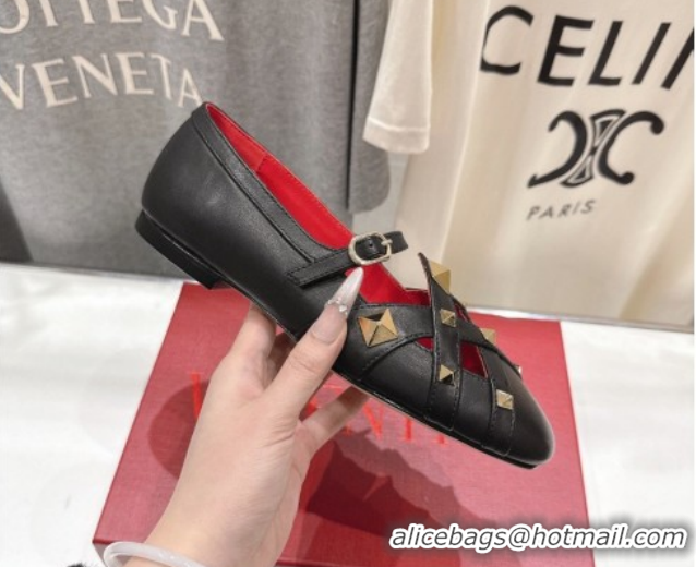Pretty Style Valentino Studdy Ballerinas Flat Mary Janes in Calfskin Leather Black 0224030
