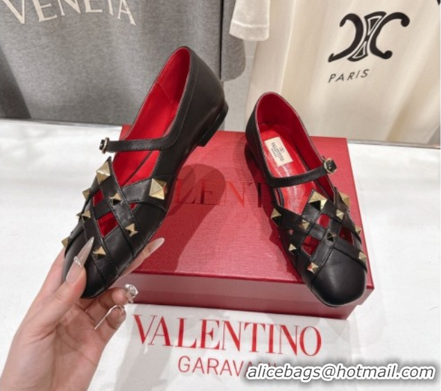 Pretty Style Valentino Studdy Ballerinas Flat Mary Janes in Calfskin Leather Black 0224030