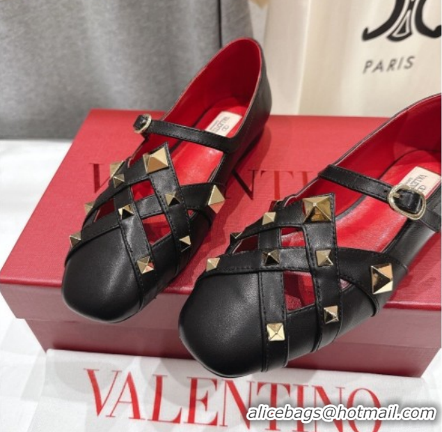 Pretty Style Valentino Studdy Ballerinas Flat Mary Janes in Calfskin Leather Black 0224030