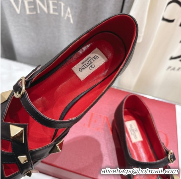 Pretty Style Valentino Studdy Ballerinas Flat Mary Janes in Calfskin Leather Black 0224030
