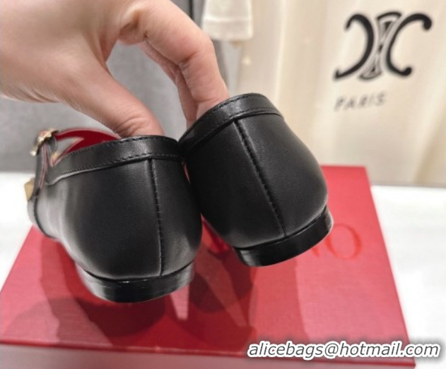 Pretty Style Valentino Studdy Ballerinas Flat Mary Janes in Calfskin Leather Black 0224030