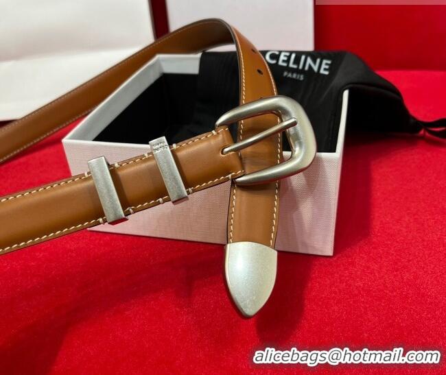 ​Best Price Celine Western Medium Leather Belt 2.5cm with Pin Buckle CE011004 Brown/Aged Silver 2025