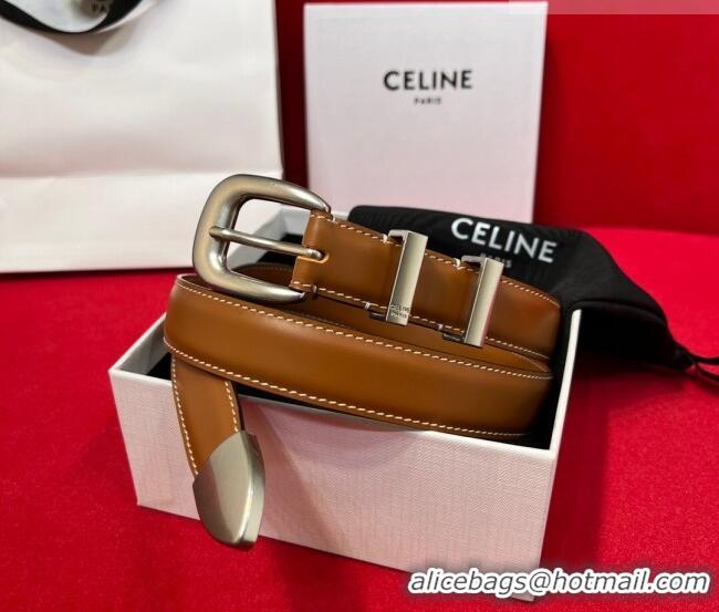​Best Price Celine Western Medium Leather Belt 2.5cm with Pin Buckle CE011004 Brown/Aged Silver 2025