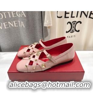 Popular Style Valentino Studdy Ballerinas Flat Mary Janes in Calfskin Leather Pink 0224031