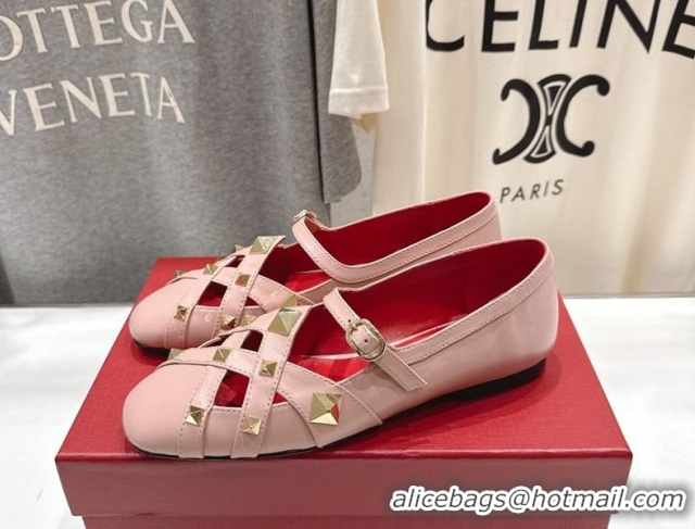 Popular Style Valentino Studdy Ballerinas Flat Mary Janes in Calfskin Leather Pink 0224031