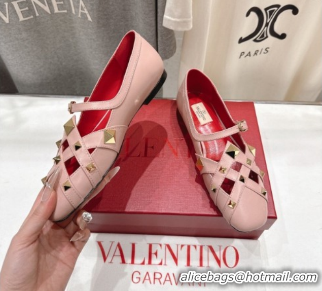Popular Style Valentino Studdy Ballerinas Flat Mary Janes in Calfskin Leather Pink 0224031