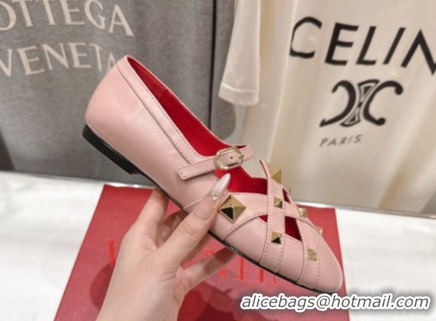 Popular Style Valentino Studdy Ballerinas Flat Mary Janes in Calfskin Leather Pink 0224031