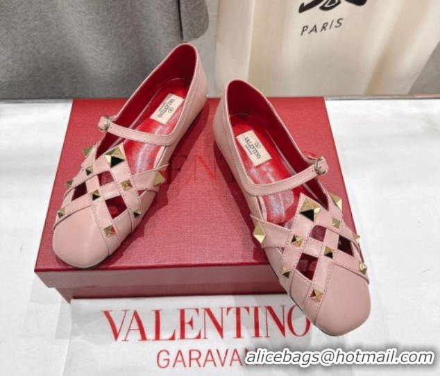 Popular Style Valentino Studdy Ballerinas Flat Mary Janes in Calfskin Leather Pink 0224031