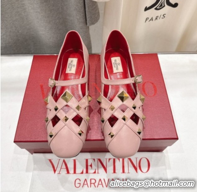 Popular Style Valentino Studdy Ballerinas Flat Mary Janes in Calfskin Leather Pink 0224031