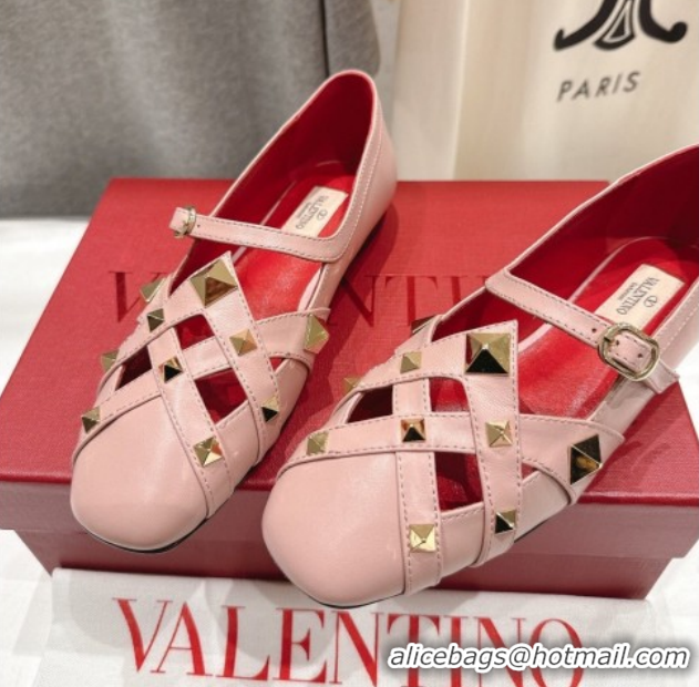 Popular Style Valentino Studdy Ballerinas Flat Mary Janes in Calfskin Leather Pink 0224031