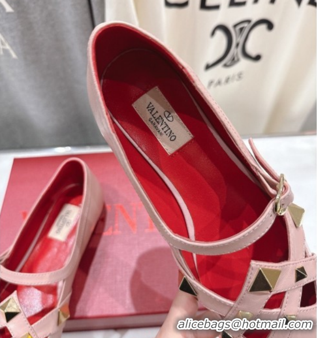 Popular Style Valentino Studdy Ballerinas Flat Mary Janes in Calfskin Leather Pink 0224031