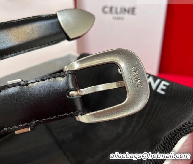 Promotional Celine Western Medium Leather Belt 2.5cm with Pin Buckle CE011004 Black/Aged Silver 2025