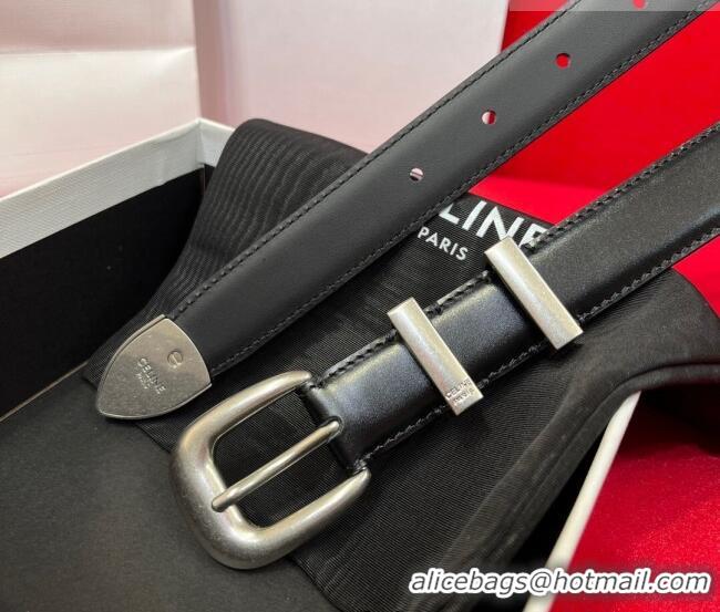 Promotional Celine Western Medium Leather Belt 2.5cm with Pin Buckle CE011004 Black/Aged Silver 2025