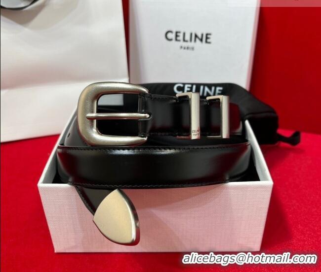 Promotional Celine Western Medium Leather Belt 2.5cm with Pin Buckle CE011004 Black/Aged Silver 2025