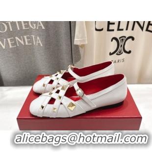 Charming Valentino Studdy Ballerinas Flat Mary Janes in Calfskin Leather White 0224032