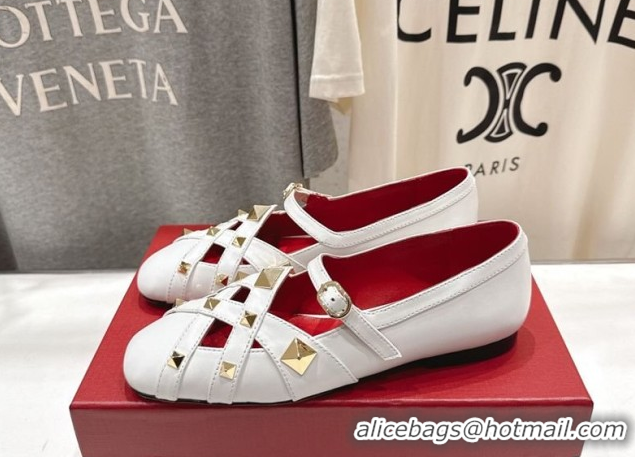 Charming Valentino Studdy Ballerinas Flat Mary Janes in Calfskin Leather White 0224032