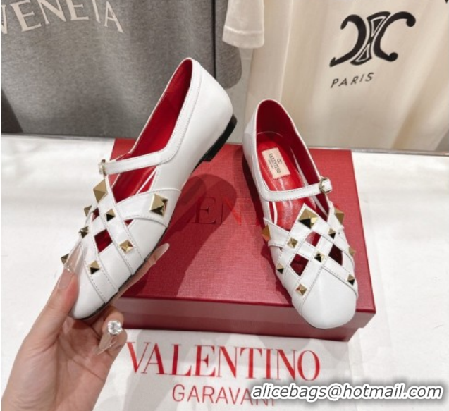 Charming Valentino Studdy Ballerinas Flat Mary Janes in Calfskin Leather White 0224032