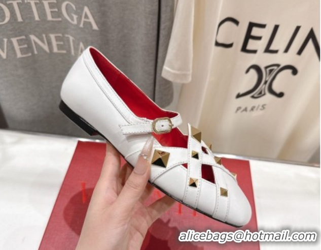 Charming Valentino Studdy Ballerinas Flat Mary Janes in Calfskin Leather White 0224032