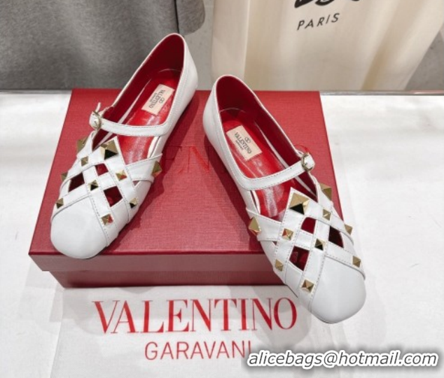 Charming Valentino Studdy Ballerinas Flat Mary Janes in Calfskin Leather White 0224032