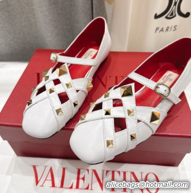 Charming Valentino Studdy Ballerinas Flat Mary Janes in Calfskin Leather White 0224032