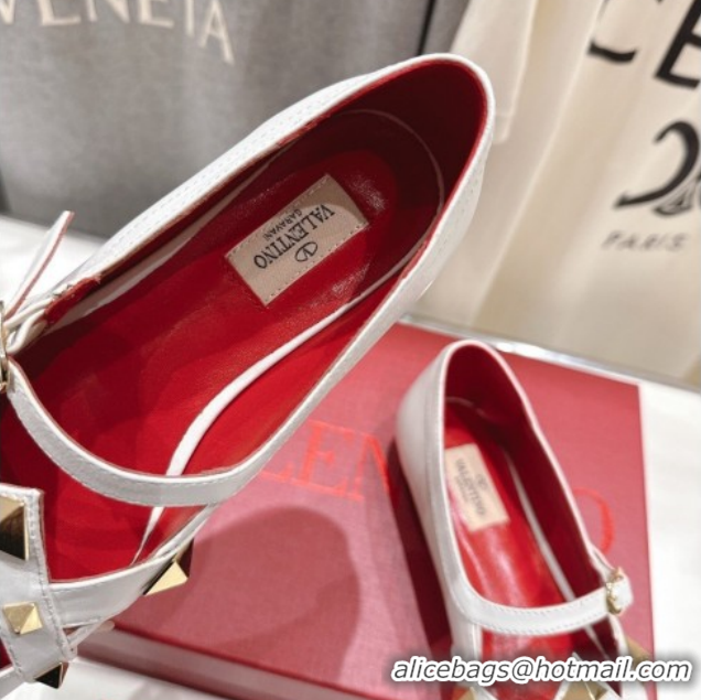 Charming Valentino Studdy Ballerinas Flat Mary Janes in Calfskin Leather White 0224032