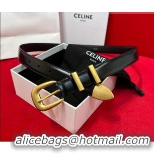 Discount Celine Western Medium Leather Belt 2.5cm with Pin Buckle CE011004 Black/Aged Gold 2025