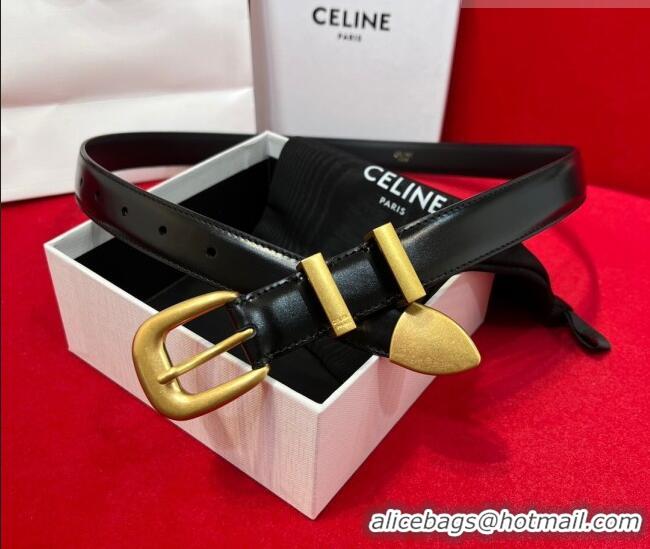 Discount Celine Western Medium Leather Belt 2.5cm with Pin Buckle CE011004 Black/Aged Gold 2025
