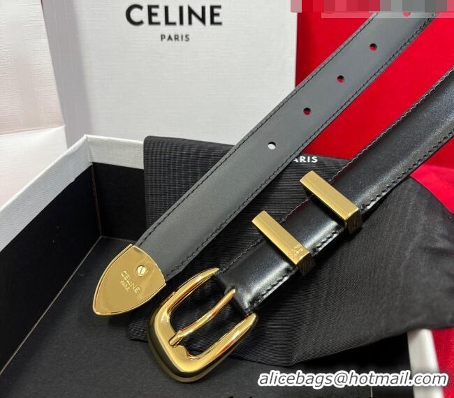 Discount Celine Western Medium Leather Belt 2.5cm with Pin Buckle CE011004 Black/Aged Gold 2025