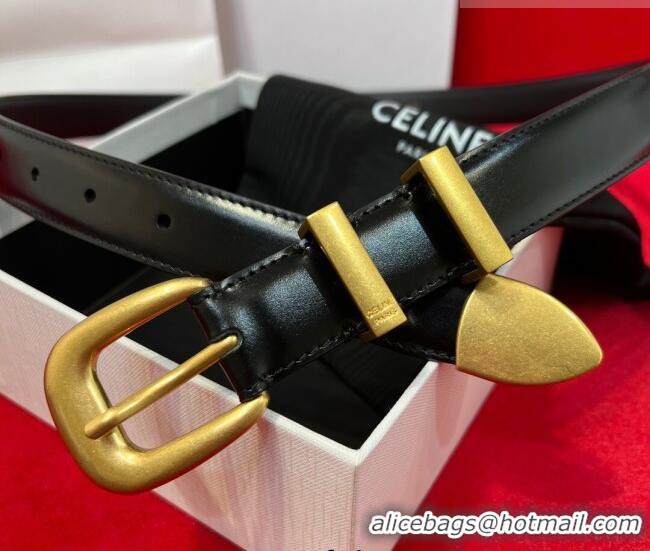Discount Celine Western Medium Leather Belt 2.5cm with Pin Buckle CE011004 Black/Aged Gold 2025