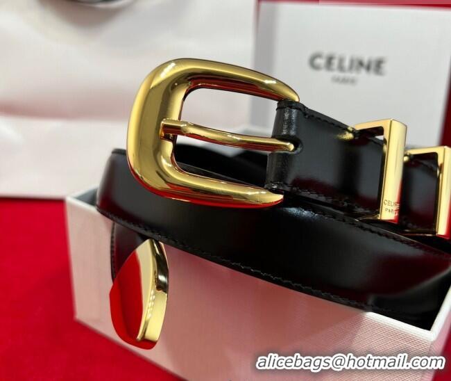 Discount Celine Western Medium Leather Belt 2.5cm with Pin Buckle CE011004 Black/Aged Gold 2025