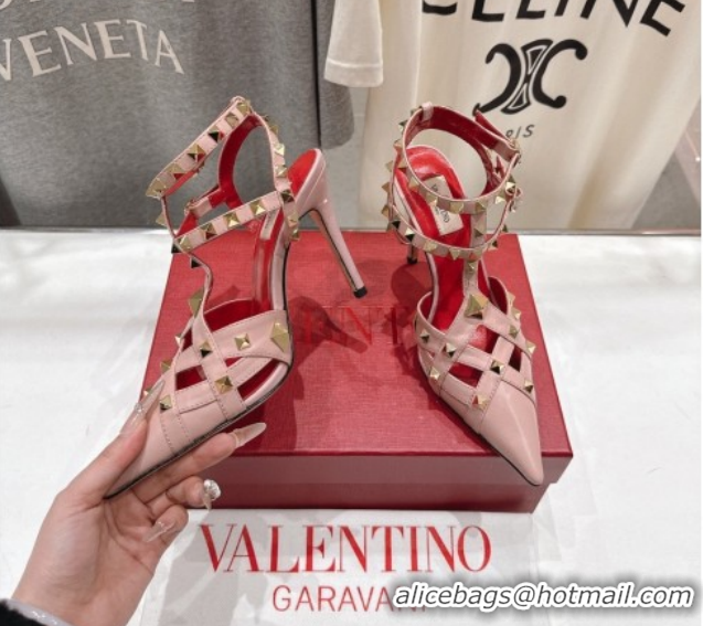 Top Design Valentino Studdy Pumps 9.5cm in Calfskin Leather Pink 0224033