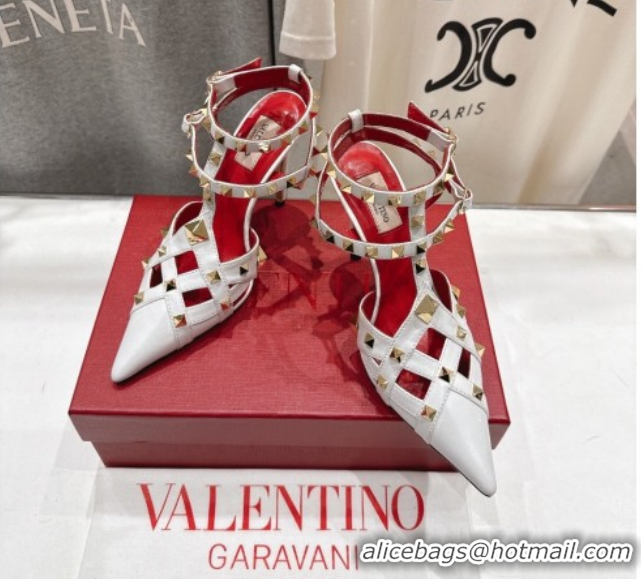 Discount Valentino Studdy Pumps 9.5cm in Calfskin Leather White 0224034