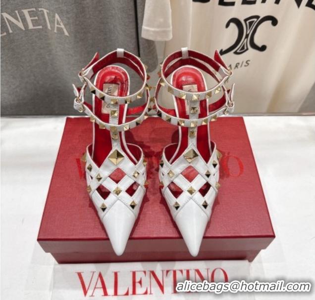 Discount Valentino Studdy Pumps 9.5cm in Calfskin Leather White 0224034