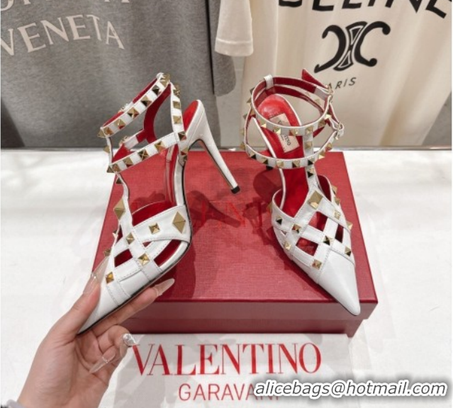 Discount Valentino Studdy Pumps 9.5cm in Calfskin Leather White 0224034