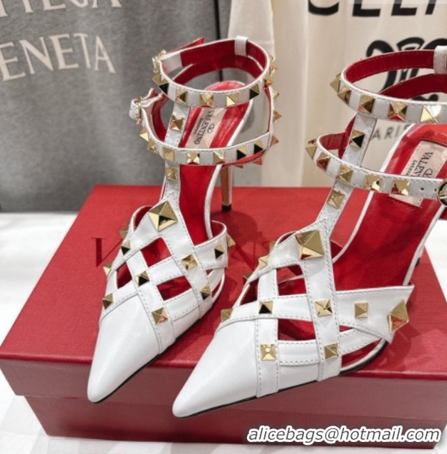 Discount Valentino Studdy Pumps 9.5cm in Calfskin Leather White 0224034
