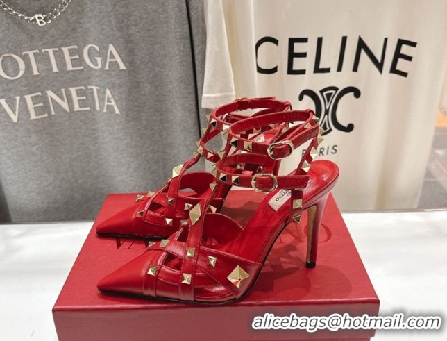 Grade Quality Valentino Studdy Pumps 9.5cm in Calfskin Leather Red 0224035