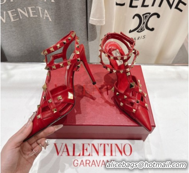 Grade Quality Valentino Studdy Pumps 9.5cm in Calfskin Leather Red 0224035