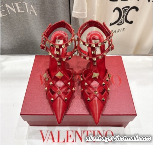 Grade Quality Valentino Studdy Pumps 9.5cm in Calfskin Leather Red 0224035