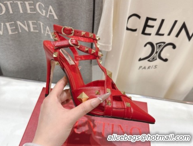 Grade Quality Valentino Studdy Pumps 9.5cm in Calfskin Leather Red 0224035