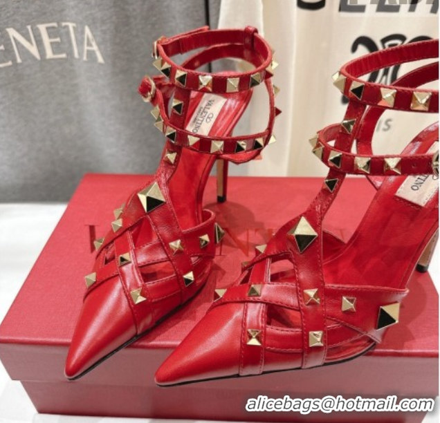 Grade Quality Valentino Studdy Pumps 9.5cm in Calfskin Leather Red 0224035