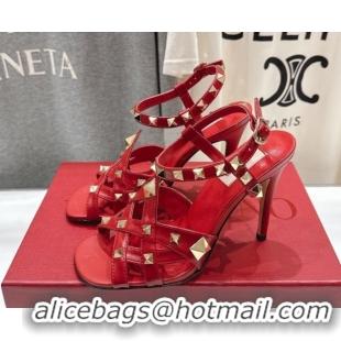Luxurious Valentino Studdy Heel Sandals 9.5cm in Calfskin Leather Red 0224037