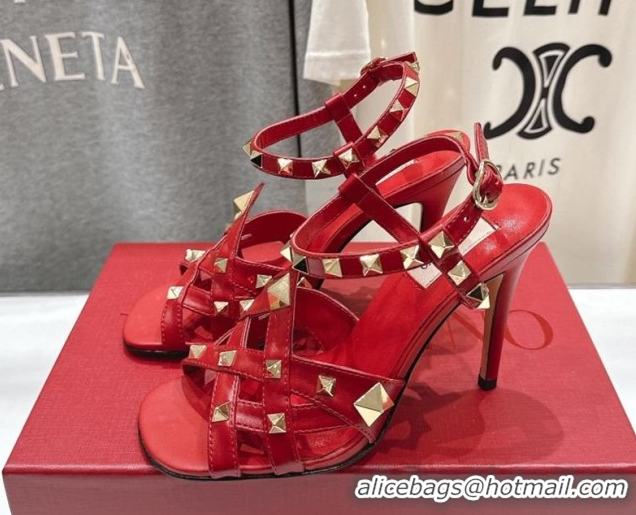 Luxurious Valentino Studdy Heel Sandals 9.5cm in Calfskin Leather Red 0224037