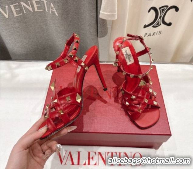 Luxurious Valentino Studdy Heel Sandals 9.5cm in Calfskin Leather Red 0224037