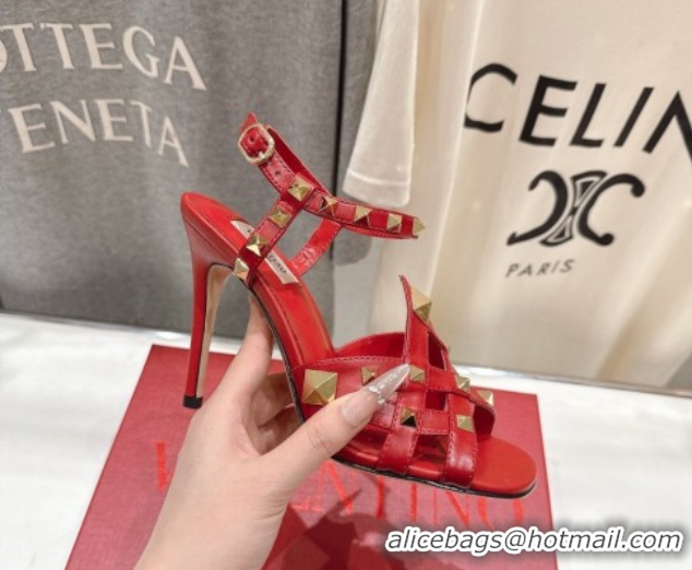 Luxurious Valentino Studdy Heel Sandals 9.5cm in Calfskin Leather Red 0224037