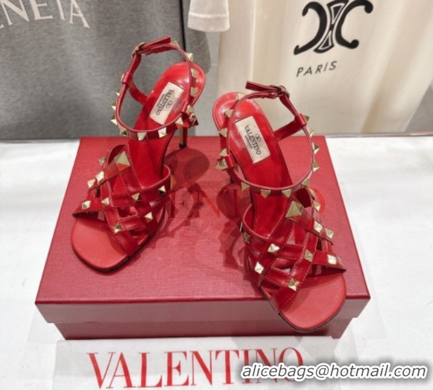 Luxurious Valentino Studdy Heel Sandals 9.5cm in Calfskin Leather Red 0224037